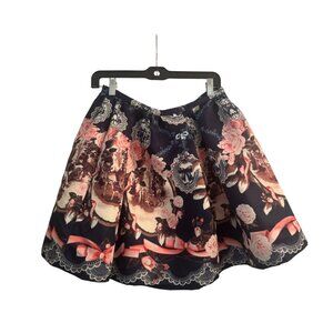 Navy Blue Floral Paisley Print Skater Skirt | Size Large